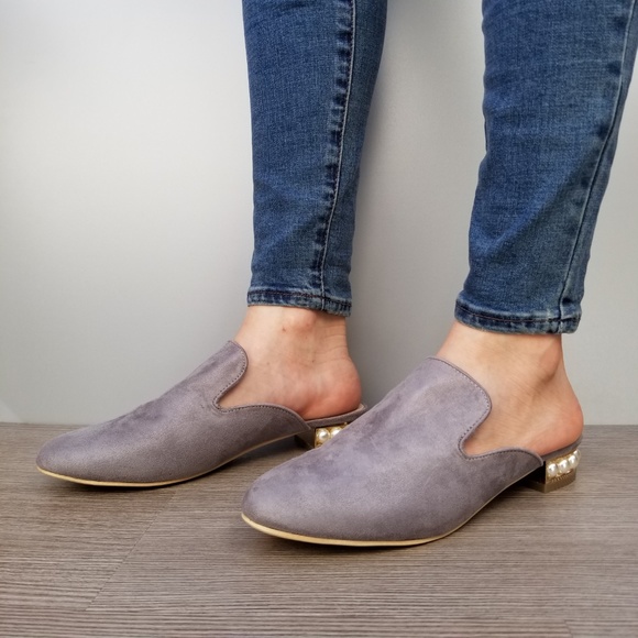 Suede Slip On Loafer Mule Pearl Accents on Heel-G - Picture 6 of 7